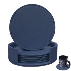KEMMPER Coasters Set of 6 Soft Leather Drink Coaster Round Coaster with Sewing Around, Suitable for Various Cups, Wooden Tables,Home Decoration,4 Inches (Navy Blue)