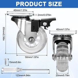 JIZZU 2Inch/5cm Polyurethane Caster Wheels Clear, Casters Set of 4 Total Capacity 160KG with 360 Degree Top Plate, Heavy Duty Casters with Brake No Noise, PU Swivel Trolley Wheels for Furniture