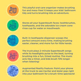 SuperMouth® Cavitar Kids Oral Care Organizer – Ice Cream Truck Design, Toothbrush Holder, Toothpaste Dispenser, Rinse Cup, Plays 2-Minute Songs with Lights, Augmented Reality, Fun Oral Hygiene