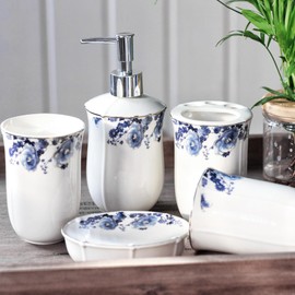 LE POTOCIO Bathroom Accessories Set, 5-Piece Ceramic Bathroom Accessory Set, Includes Soap Dispenser, Toothbrush Cup, Toothbrush Holder, Soap Dish, Bathroom Organizer for Modern Bathrooms (Blue A)