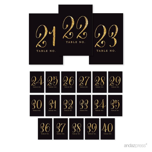 Andaz Press Table Numbers 21-40, Gold Glitter Print, 4x6-inch Single-Sided Cardstock Sign, Black, 1-Set