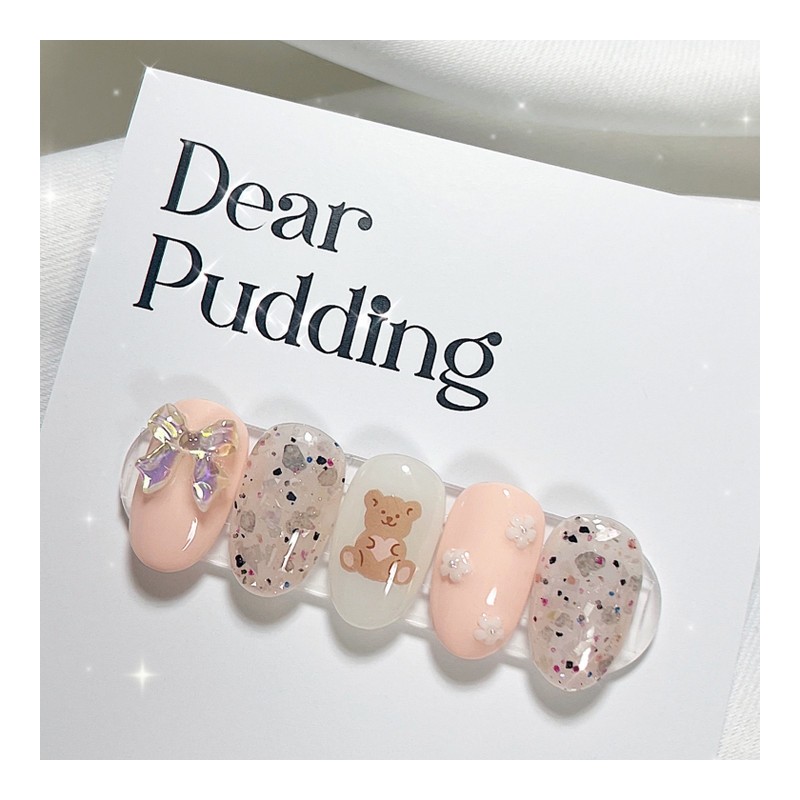 [Handmade Nail Tips] Mother-of-Pearl Bear Nail Tips - Long Oval