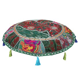 Stylo Culture Ethnic Bohemian Floor Cushion Outdoor Throw Pillow Cover Dark Green 55x55 cm Vintage Patchwork Lounge Round Small 22 Inch Decorative Cotton Embroidered Chair Seating Cover