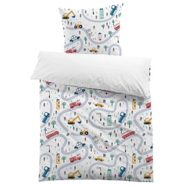 MUSOLEI Children's Bed Linen 135 x 200 cm Boys Cars Bed Linen Children's Vehicle Digger Police Fire Brigade 3D Print Microfibre Duvet Cover 135 x 200 cm and 1 Pillowcase 80 x 80 cm Bedding Set for Single Bed Cars 01