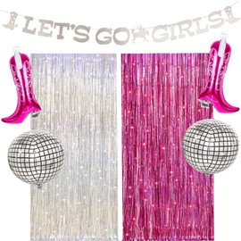 Glitter Lets Go Girls Banner,Disco Cowgirl Bachelorette Party Decorations,Disco Ball Cowgirl Boot Balloons,Silver& Pink Foil Fringe Curtains for Western Themed Birthday Party Decor Supplies