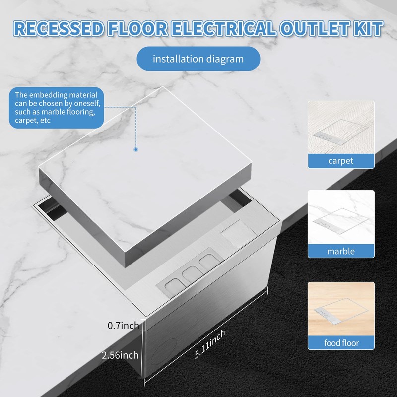 Recessed Flat Hidden Floor Electrical Outlet Kit, Hidden Duplex 2