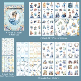 NOGAMOGA Die Cut Scrapbooking Journaling Sticker Book, Vintage Fantasy Ladies and Floral Sticker for Bullet Journal, Card Making, Planner, Triple Materials, 20 Sheets, Blue
