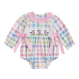 ZAXARRA Baby Girl Plaid Romper Cow Embroidered Long Sleeve Jumpsuit with Bow Cute Farm Clothes (Pink, 6-12 Months)