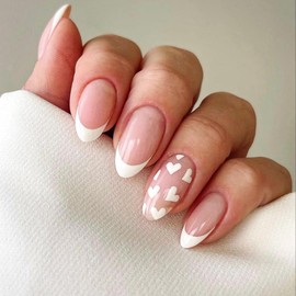 White Press on Nails French Tip Fake Nails with Glue Almond Nails Press on Acrylic Nails Heart False Nails Glossy Glue on Nails Full Cover Acrylic Nails Stick on Nails Medium Press on Nails for Women