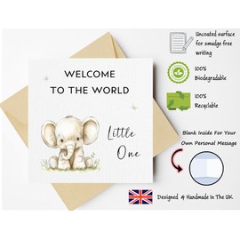 Printperfect - New Baby Card Baby Boy or Baby Girl Welcome To The World Elephant Card - New Arrival Card - Congratulations On Your New Baby - Godson/Goddaughter - Grandson/Grandaughter