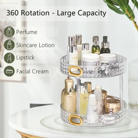 SKwoker 360 Rotating Makeup Organizer for Vanity 2 Tier, Large Capacity Clear Vanity Organizer Bathroom Countertop Skincare Organizers Spinning Perfume Lazy Susan Organizer Cosmetics Display