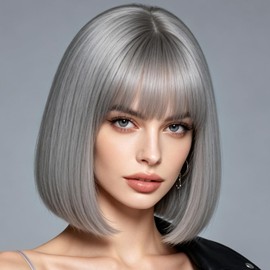 Grey Bob Wigs with Flat Bangs for Women Short Straight Wig Includ Wig Cap Synthetic Costume Party Halloween Wigs 12Inch # Grey