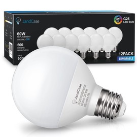 JandCase G25 LED Vanity Light Bulbs, Dimmable Globe Light Bulbs, Round Light Bulbs, 5W(60W Equivalent), E26 Base, CRI 80, Daylight White 5000K, 500LM, UL Listed, 12 Pack