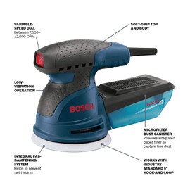 BOSCH ROS20VSK Palm Sander 2.5 Amp 5 in. Corded Variable Speed Random Orbital Sander/Polisher Kit with Dust Collector and Hard Carrying Case