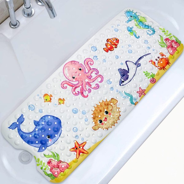 Moocuca Non-Slip Bath Mat for Children, (100 x 40 cm) Non-Slip Shower Mat with 200 Suction Cups and Marine Animal Model Antibacterial and Machine Washable Bath Mat