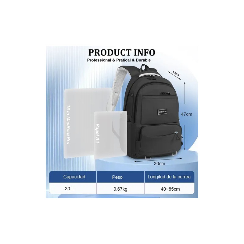 Mochila Escolar/Viaje 30 L para Laptop 15.6″ — Oxford Impermeable, Compartimentos
