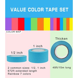 14 PCS Masking Painters Tape Colored 1 Inch 1/2 Inch with Dispenser - Rainbow Masking Tape 14 Pack X 16Yards - Multi Color Paper Tape for Kid Craft, Box Labeling，Teachers Classroom Floor Decorative