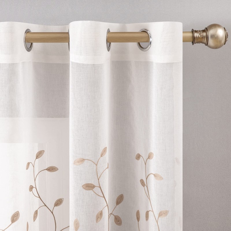 MIULEE 2 Panels Brown Leaves Embroidered Sheer Window Curtains Beautiful