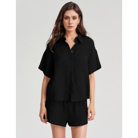 Flygo Women Casual 2 Piece Outfits Cotton Lounge Sets Loose Button Down Shirt and Shorts Pajama Gauze Set Beachwear(Black-S)