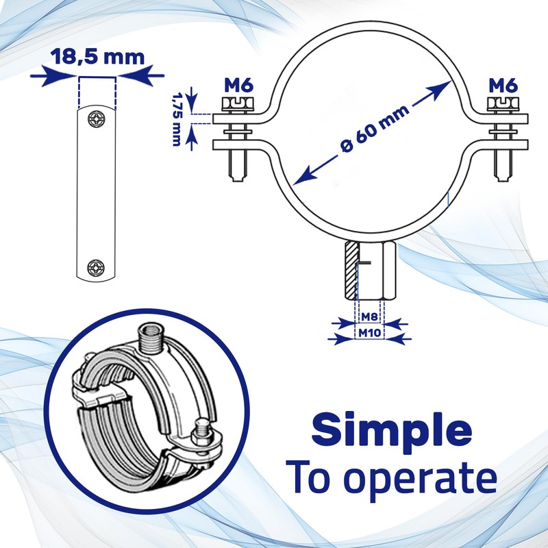 Reinforced Pipe Clamp M8/M10 with Rubber Gasket and with Diameter