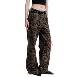 Vamtac Leopard Print Jeans for Women Y2k Leopard Straight Leg Trousers Baggy Cheetah Pants Streetwear
