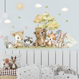 SMAOSTORE Wall Stickers Forest Animals Cute Stickers Stylish Alpine Tree Deer Bear Zoo Kids Room Bedroom Kindergarten Classroom Background Wall Waterproof Removable Wall Paper Wallpaper Sticker