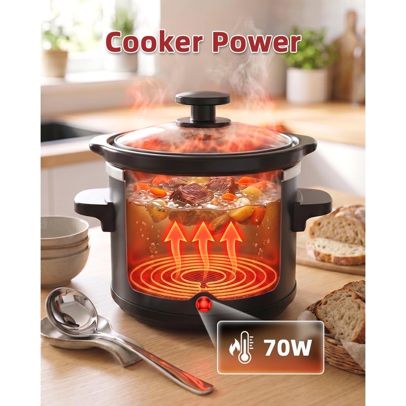 0.65Qt Mini Slow Cooker Ceramic Pot Support Dishwasher Safe, Black