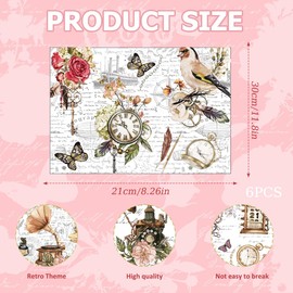 Obookey Rub on Transfers for Crafts and Furniture Stickers, Clock Bird Vintage Floral Rub on Transfer, Flower Designs Rub on Decals for Wood DIY Home Door Window Decor, 11.8 x 8.2 Inch (6 Sheets)