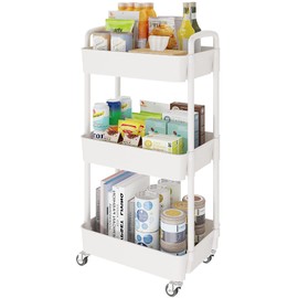 Laiensia 3-Tier Rolling Cart with Wheels,Multifunction Utility Storage carts, Kitchen Storage Organizer,Mobile Shelving Unit for Bathroom,Laundry,with Classified Stickers,White