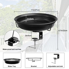 VeyFolzin.st 11 Inches Deck Mounted Bird Bath Bowl Spa for Outside, Detachable Unheated Birdbath Bowl and Heavy Duty Sturdy Clamp, Outdoor Garden Mounted Birdfeeder for Attracting Birds(Black)