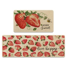 Tayney Summer Strawberry Kitchen Rugs and Mats Non Skid Washable Set of 2, Pink Mats for Floor, Fruit Runner Rug Modern Kitchen Decor