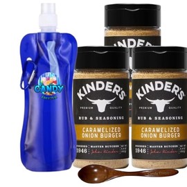Kinder’s Caramelized Onion Burger Barbecue Rub & Seasoning Premium BBQ pack of 3 5.1 oz. each (15.3 oz) + Candy Freezer Collapsible Bottle & Wooden Spoon