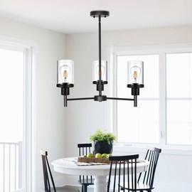 PRYNDON 3-Light Farmhouse Chandelier Kitchen Island Lighting Fixture in Black Finish Industrial Hanging Pendant Lamp with Cylinder Clear Glass Shade for Dining Room Living Room