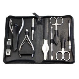 Sonnenschein by Hans Kniebes Manicure Set 9 Pieces Nail Scissors, Cuticle Scissors, Nail Clippers, Cuticle Nippers, Clippers, Tweezers, File, Manicure Case Nappa Sheepskin Black