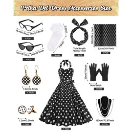 Women's 1950s Polka Dress Set Audrey Vintage-inspired Cocktail Halter Swing Dress with Accessories 10PCS Black-M