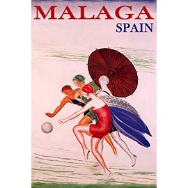 WONDERFULITEMS Malaga Spain Summer Beach Happy Women Playing Ball Sun Umbrella Travel 12" x 16" Image Size Vintage Poster repro Canvas Rolled up. We Have Other Sizes