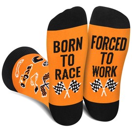 Funny Race Car Socks for Men Women Dad Teen Boys - BORN TO RACE FORCED TO WORK Novelty Fun Funky Crazy Silly Cool Racing Accessories Socks Gifts - Fathers Day Birthday Gift Christmas Stocking Stuffers