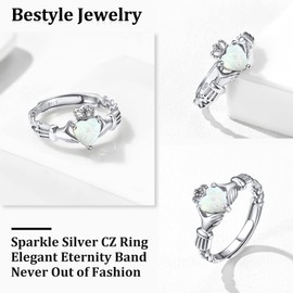 Sterling Silver Claddagh Ring with White Opal, Adjustable Open Round Solitaire Opal Ring for Women Girls, Anniversary Birthday Gifts for Girls Mom Wife Lady Daughter Her