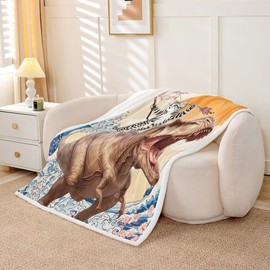 Erosebridal Kids Funny Fleece Blanket for Bedroom Cat Riding Dinosaur Sherpa Blanket, Japanese Style Blanket Oriental Asian Throw Blanket for Sofa, Ocean Wave Wildlife Flannel Blanket for Boys Girls