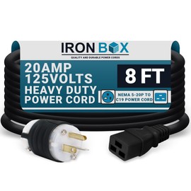 IronBox Electric 5-20P to C19 Power Cords - 20A, 125V, 12/3 SJT - UL Listed Extension Cable Adapter - Power Supply Cables - Heavy Duty Plug and Cord for Computer, PDU, Data Centers & More (8ft, Build)
