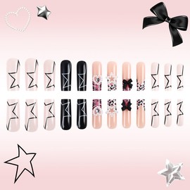 24Pcs Long Coffin Press on Nails Pink French Tip Fake Nails with Leopard Print Designs Heart Pentagram Pearl Acrylic Nails Full Cover Star False Nails Star Rhinestones Stick on Nails for Women