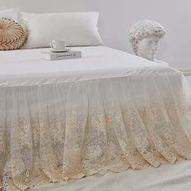 Brandream Luxury Cream White Lace Bed Skirt King Size 18 Inch Drop Split Corners Romantic Bed Cover Romantic Dust Ruffle Bed Skirts