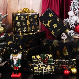 Christmas Wrapping Paper, 6 Sheets Gold and Black Christmas Paper Set, Snowflake Pattern Christmas Wrapping Paper for Gift Wrapping, 70 x 50 cm (Black Gold)