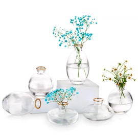 Glass Bud Vase for Centerpieces, 6Pcs/2Sets Glasseam Modern Gold Rim Mini Small Vases for Flowers Bulk Flower Vase Set Aesthetic Cute Handmade Tiny Short Wedding Table Centerpiece Decor