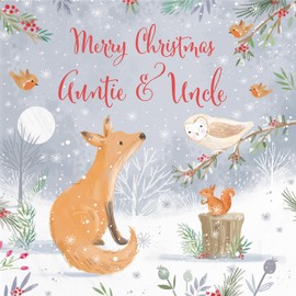 Hunts England - Auntie And Uncle Cute Fox Christmas Card - Nature's Treasures - Happy Animal Wildlife Cute Fun Merry Xmas Card - Robin, Owl, Squirrel - From Niece, Nephew, Kid, Child, Adult