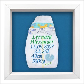 Tanjo Embroidered Nappy in Frame White Boy, Customisable, Embroidered Nappy Godfather, Baby Picture Frame Data, Nappies Embroidered with Frame, Gifts for Birth