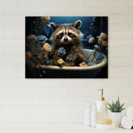 DesignQ blue Canvas wall art, Bathroom Wall Art, Wild Raccoon Cleanse In Blue Yellow Botanicals, BATHROOM Wall art decor, 32x24 inches