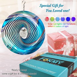 FONMY Mandala Wind Spinner w/Solar Ball 3D Stainless Steel Hanging Wind Spinners Worth Gift Christmas Decoration Indoor/Outdoor Garden Décor Kinetic Yard Art 12 Inches Multi Blue Wind Sculpture
