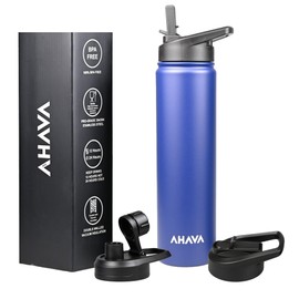 AHAVA Vacuum Insulated Stainless Steel Water Bottle | 750 ml | 2 Lids - Straw & Spout | Dishwasher Safe | 12hrs Hot, 24hrs Cold | BPA Free (Estate Blue)