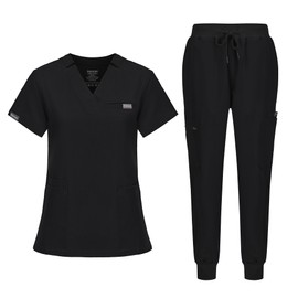 Kousenpu Women's Medical Scrubs Set - Stretch V-Neck Scrub Top & Yoga Jogger Pants with 12 Pockets Total (Black, 3X-Large)